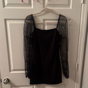 Black Mini Dress with Sheer Pearl-Trim Sleeves